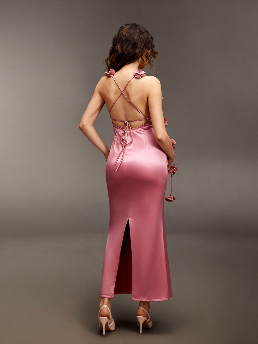Maternity Photoshoot Dresses Spaghetti 3D Floral Applique Satin Baby Shower Dress for Pregnant Women