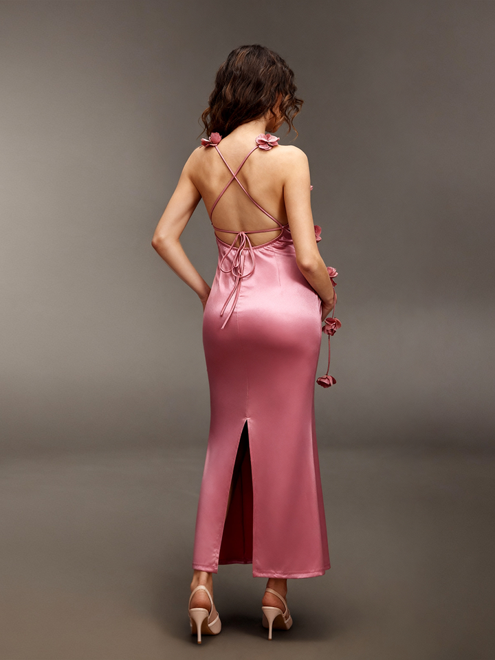 Maternity Photoshoot Dresses Spaghetti 3D Floral Applique Satin Baby Shower Dress for Pregnant Women