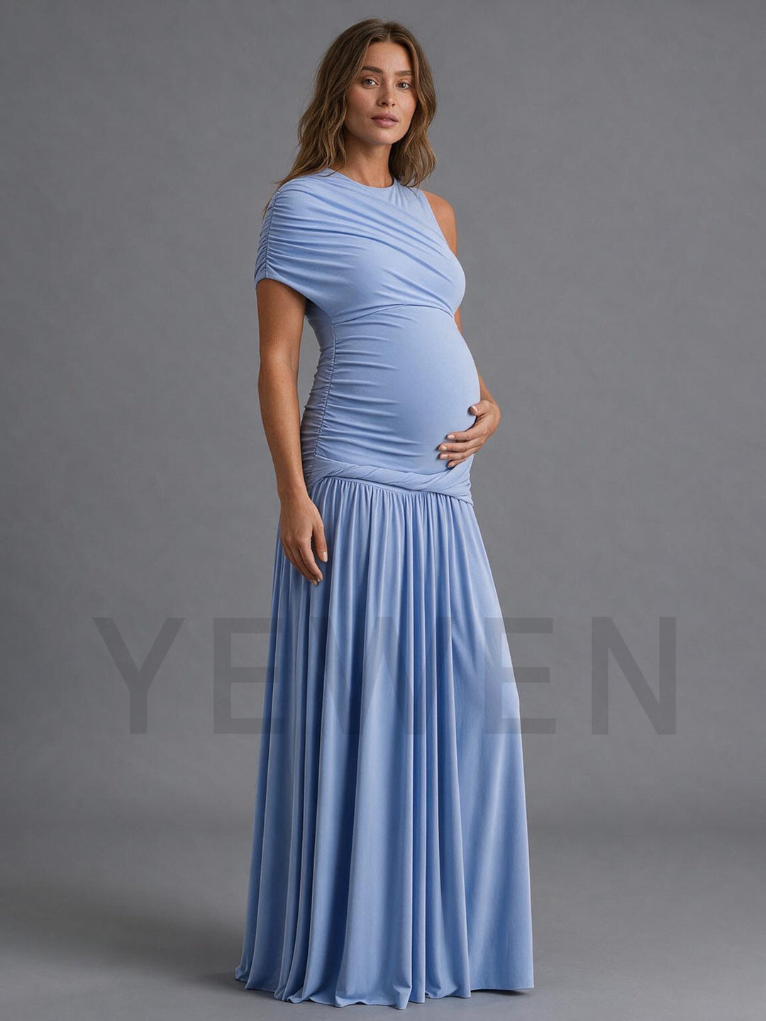One-Shoulder Draped Ruched Maternity Dress for Baby Shower