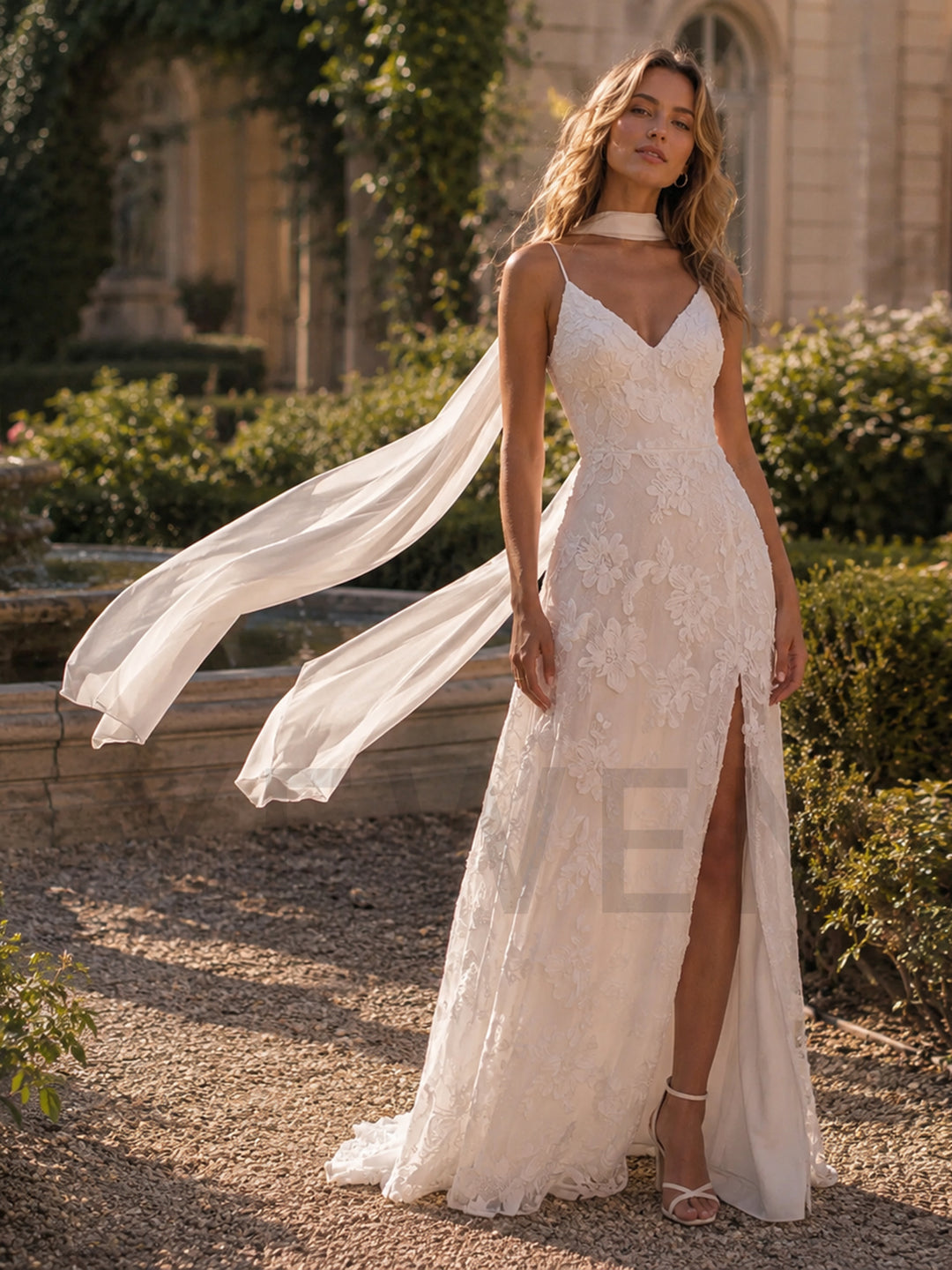 Ivory Spaghetti Strap V-Neck Floral Wedding Dress with Flowy Scarf