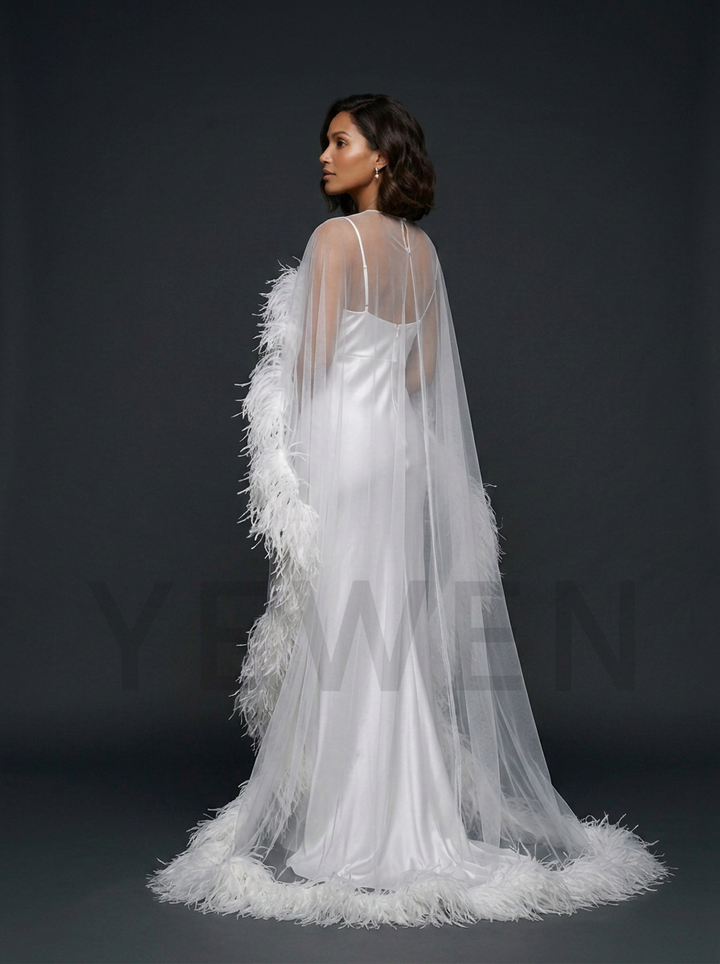 Luxury Ostrich Feather Maternity Cape Dress for Photo Shoot Baby Shower Gown YD260825