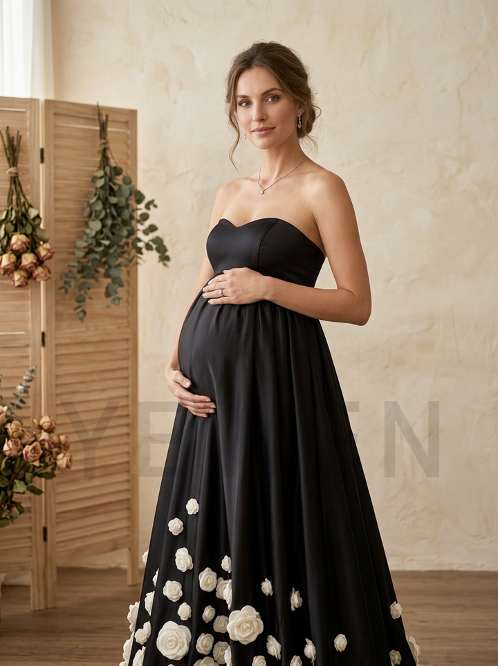 Gothic Black Strapless Satin Maternity Gown - 3D Floral Applique Pregnancy Dress YD260818