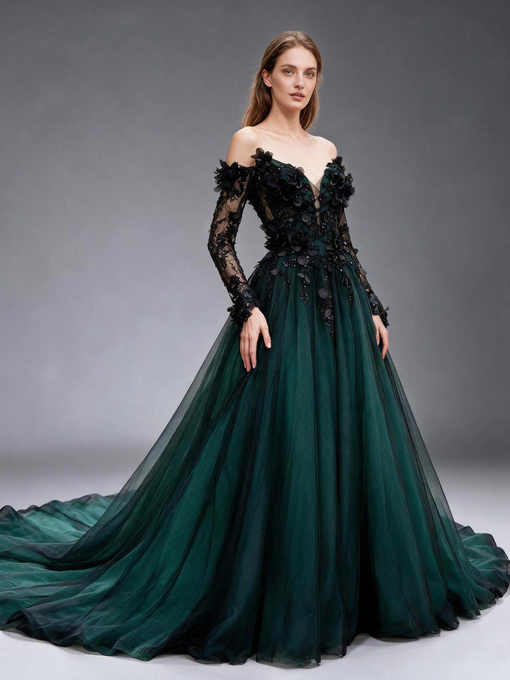 Dark Green 3D Floral Off-Shoulder Long Sleeve Lace Evening GownYX26108