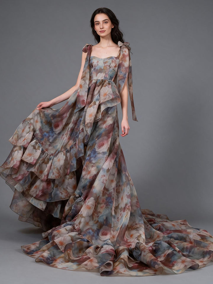 Watercolor Floral Tiered Ruffle Shoulder Tie Princess Dress  YW2610158