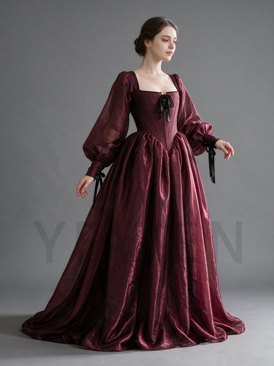 Burgundy Square Neck Lantern Sleeve Christmas Party Dress YW2610214