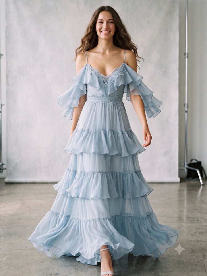 Blue Spaghetti Strap Tiered Ruffle Chiffon Evening Dress ZO269003