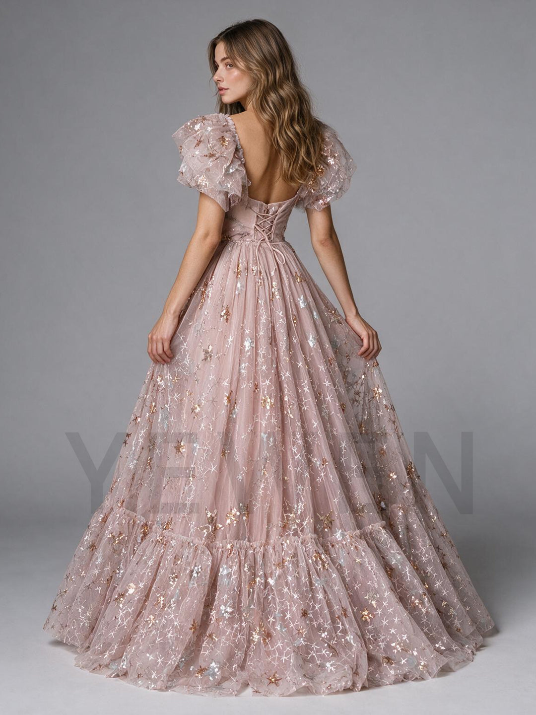 Pink Star Sequin Puff Sleeve Tiered Ruffle Princess Dress YW2610137