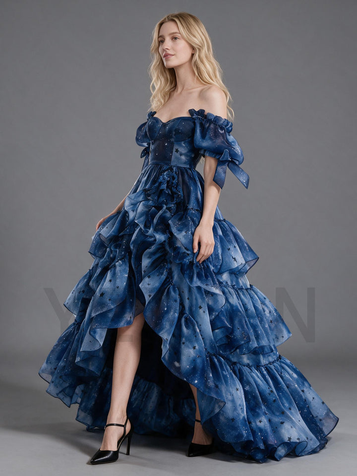 Navy Celestial Star Off-Shoulder Puff Sleeve Princess Dress YW2610166