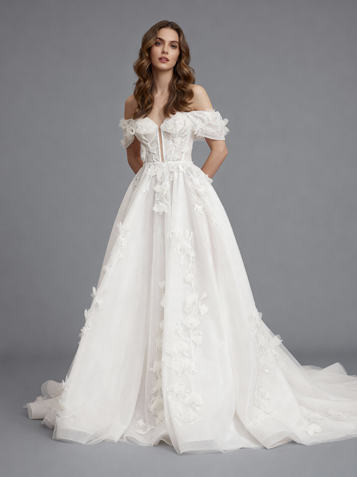 Shiny Tulle Wedding Dress Applique 3D Floral Lace Off Shoulder Bridal Gown