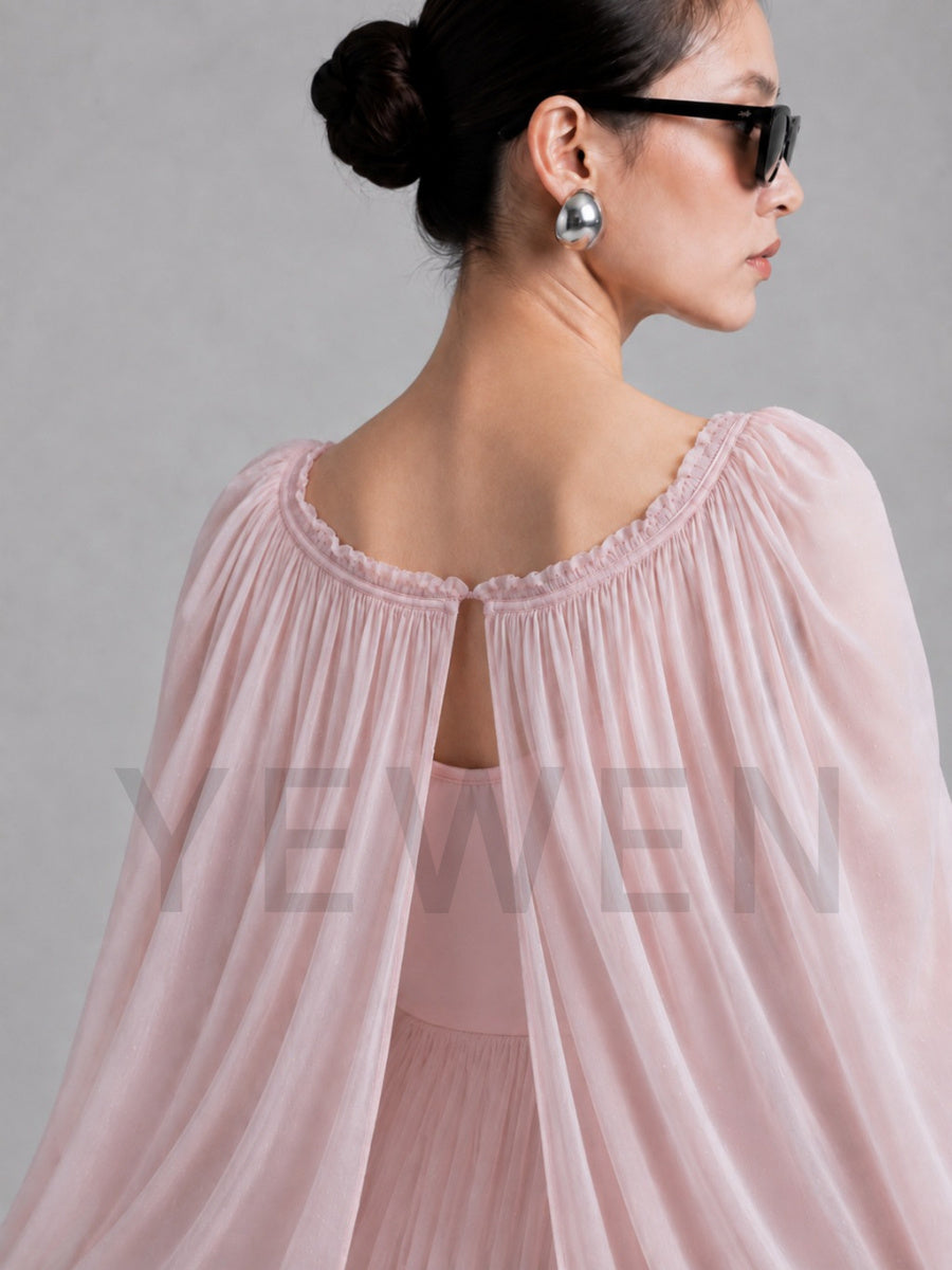 Pink Fitted Maternity Baby Shower Dress with Flowy Chiffon Cape L-26931
