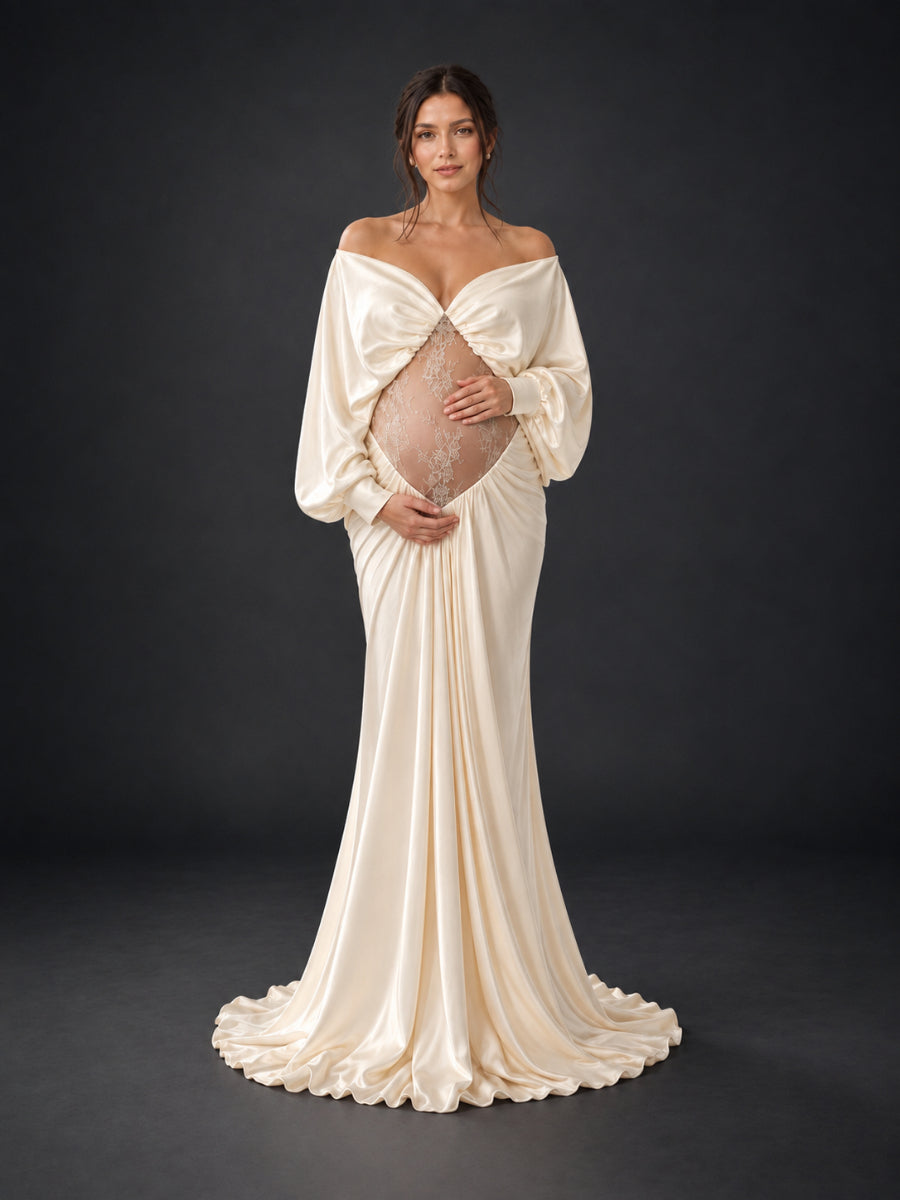 Off-Shoulder Sheer Lace Belly Maternity Photoshoot Gown HY269006