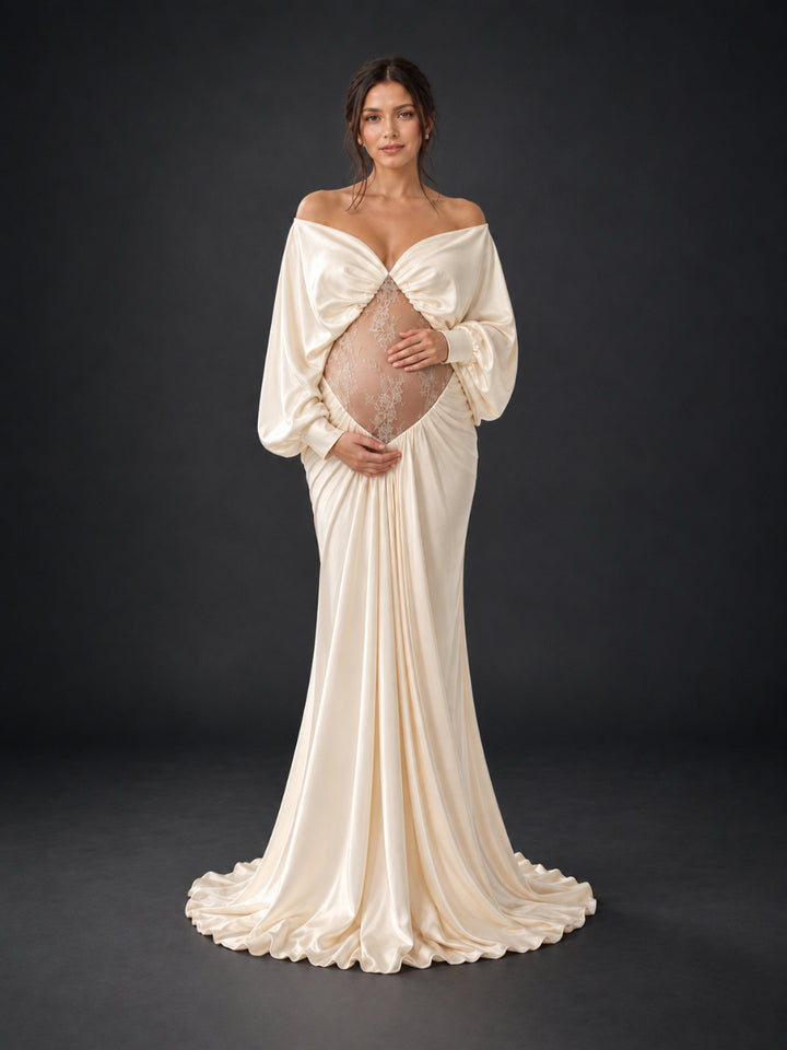 Off-Shoulder Sheer Lace Belly Maternity Photoshoot Gown HY269006