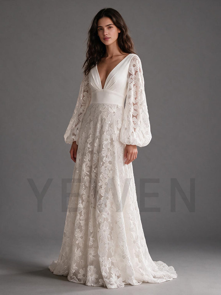 Ivory A-Line Floral Long Sleeve Lace Boho Wedding Dress