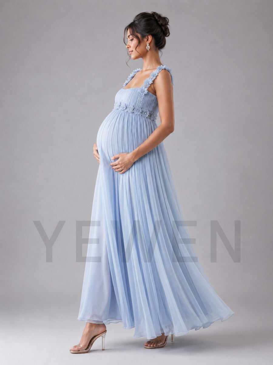 Light Blue Square Neck 3D Floral Maternity Baby Shower Dress L-26926