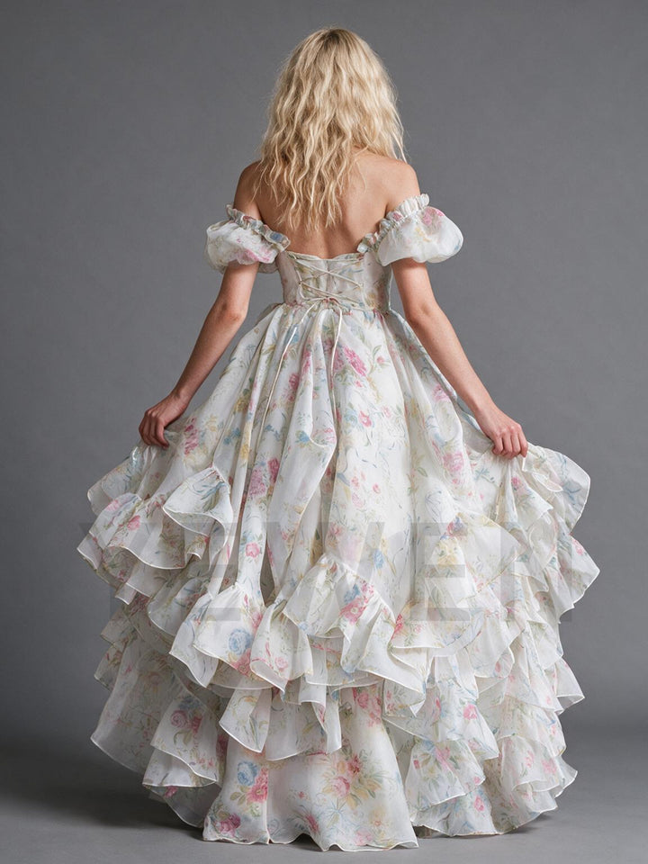 Pastel Watercolor Floral Ruffle Puff Sleeve Princess Dress YW2609274