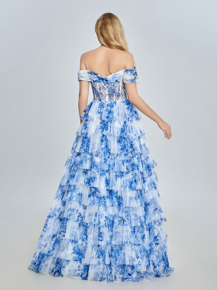 Off-Shoulder Blue Floral Tulle Gown Layered Prom Dress YE3025