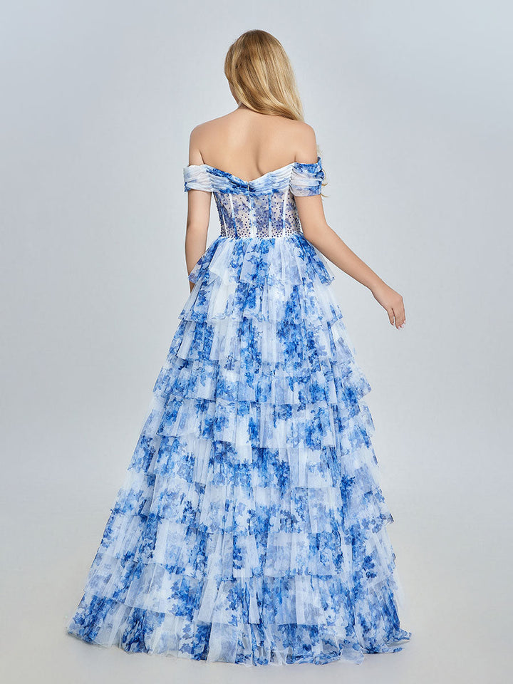 Off-Shoulder Blue Floral Tulle Gown Layered Prom Dress YE3025