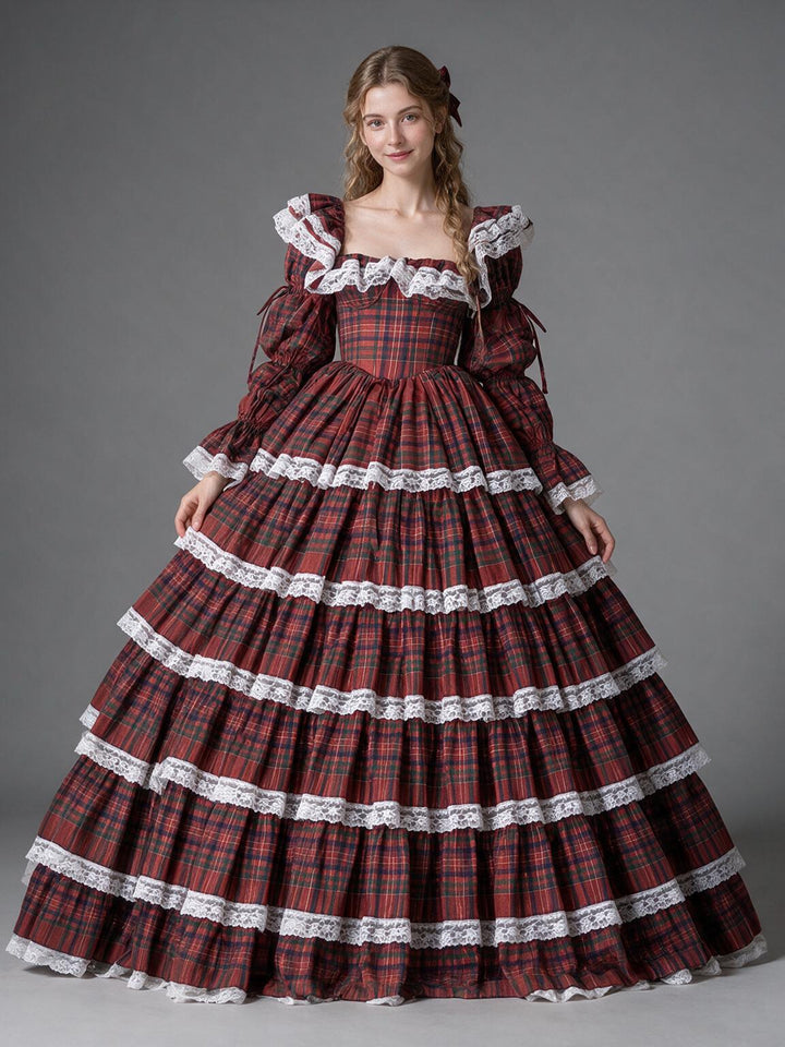 Red Tartan Plaid Lace Ruffle Puff Sleeve Princess Dress YW2609299