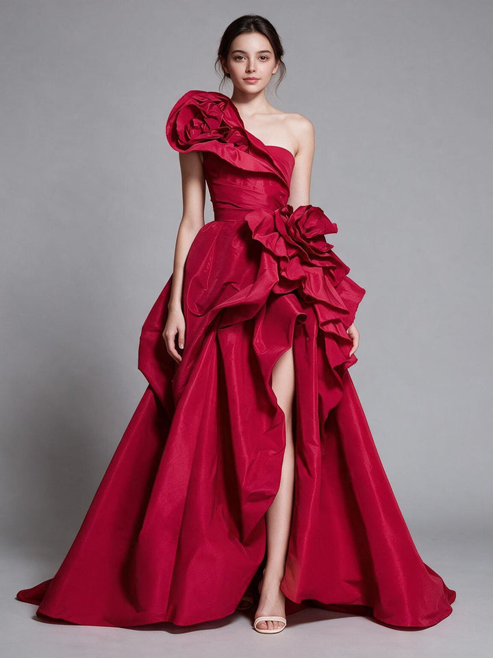 Red One-Shoulder 3D Rose High Slit Ruffle Christmas Dress YW2610092