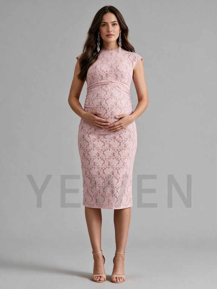Pink Lace Maternity Dress for Baby Shower Mock Neck Bodycon Midi Gown