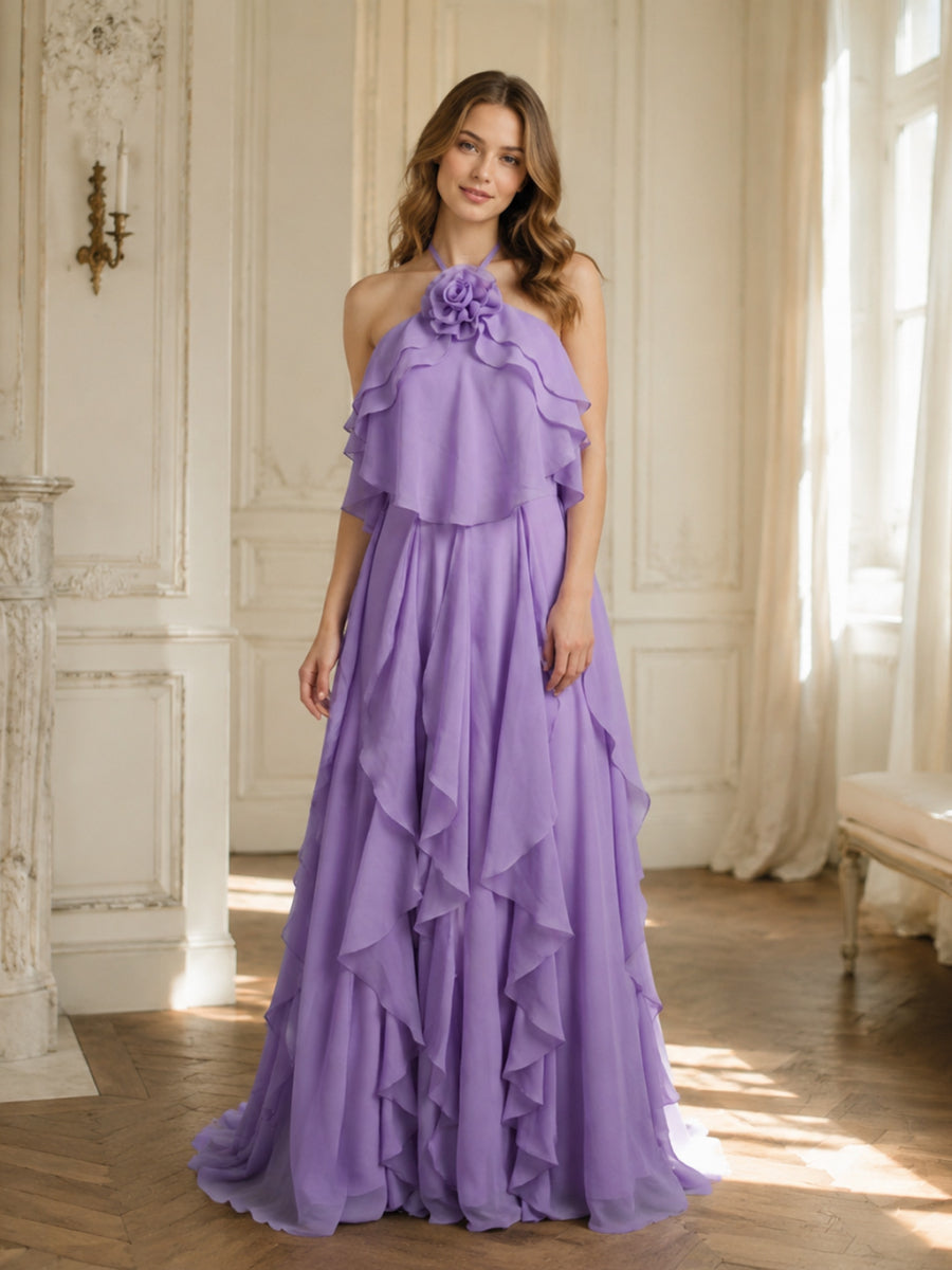 Purple 3D Flower Chiffon Maternity Gown | Tiered Ruffle Maxi Gown