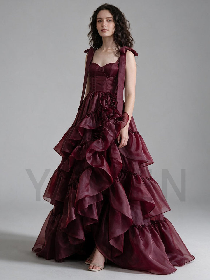 Burgundy Bow Strap Corset Tiered Ruffle Christmas Dress YW2610088