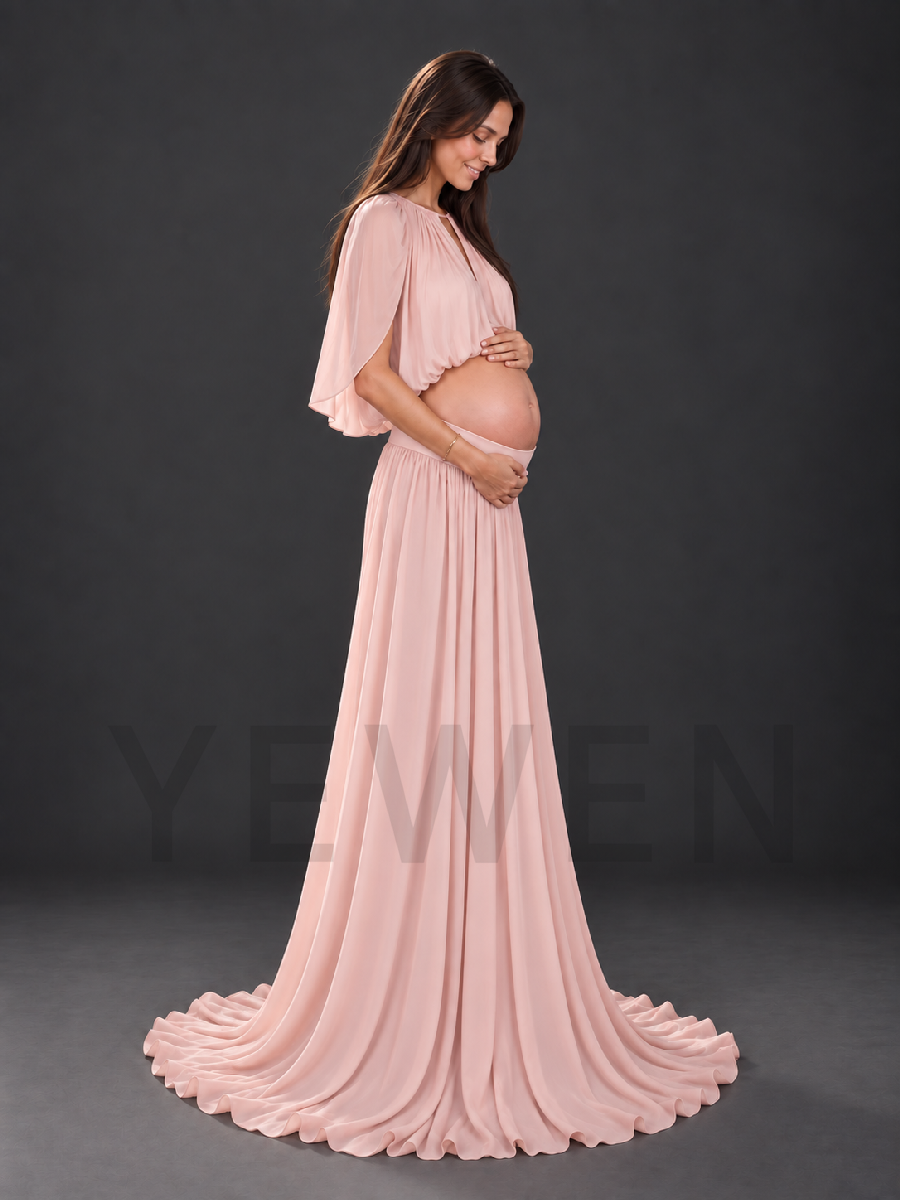 Keyhole Cape Sleeve Chiffon Maternity Photoshoot Gown HA260919