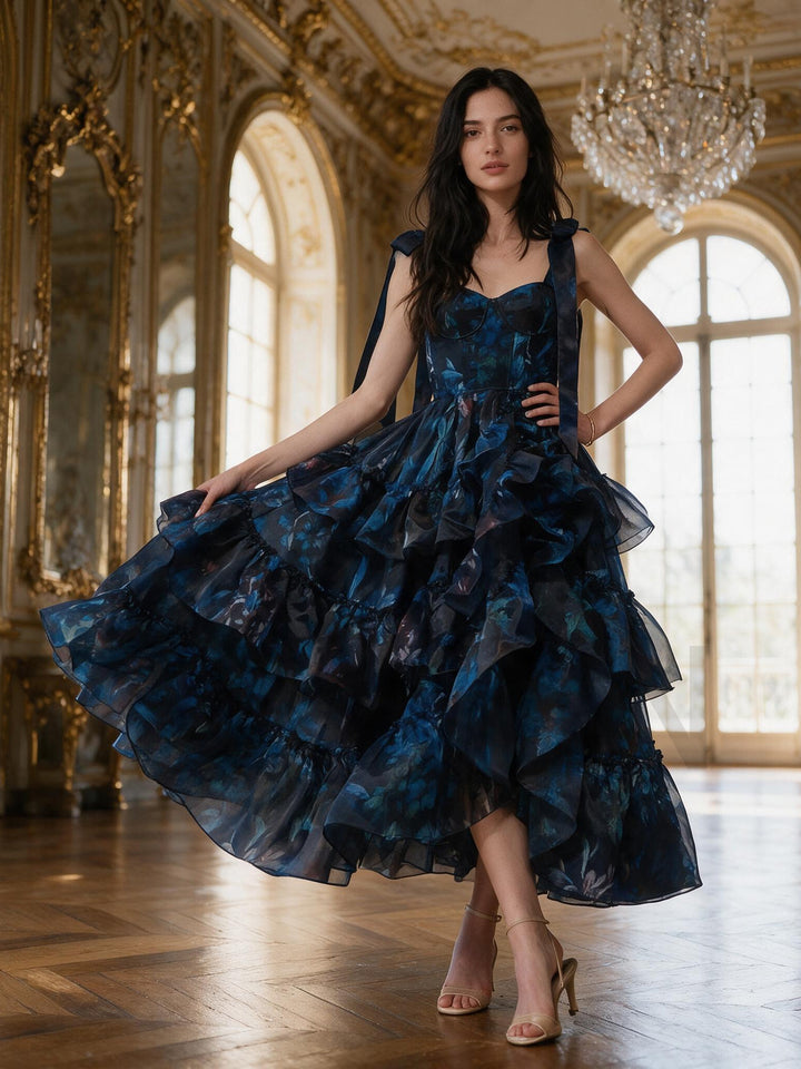 Navy Floral Print Tiered Ruffle Shoulder Tie Princess Dress YW2610161