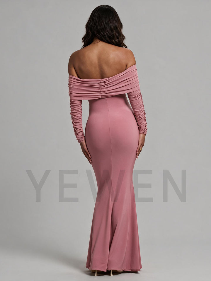 Dusty Pink Maternity Maxi Dress for Baby Shower Off-The-Shoulder Ruched Sleeve