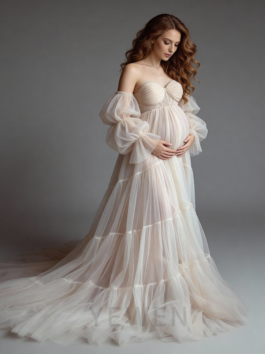 Tulle Maternity Dress for Photoshoot Strapless Long Ruffles Pregnancy Gown for Baby Shower