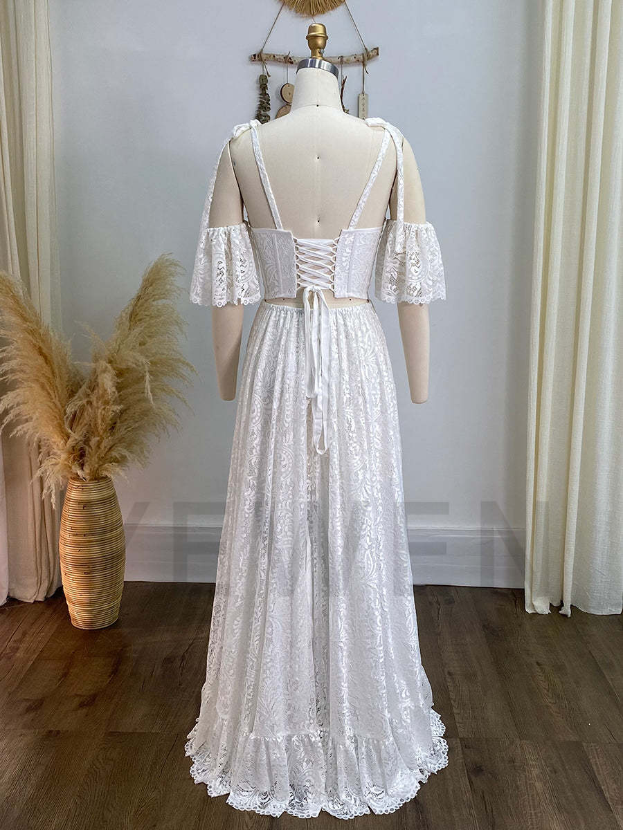 Boho Lace Maxi Dress for Wedding Vintage Bohemian Bridal Dress Elopement Dress YW240036