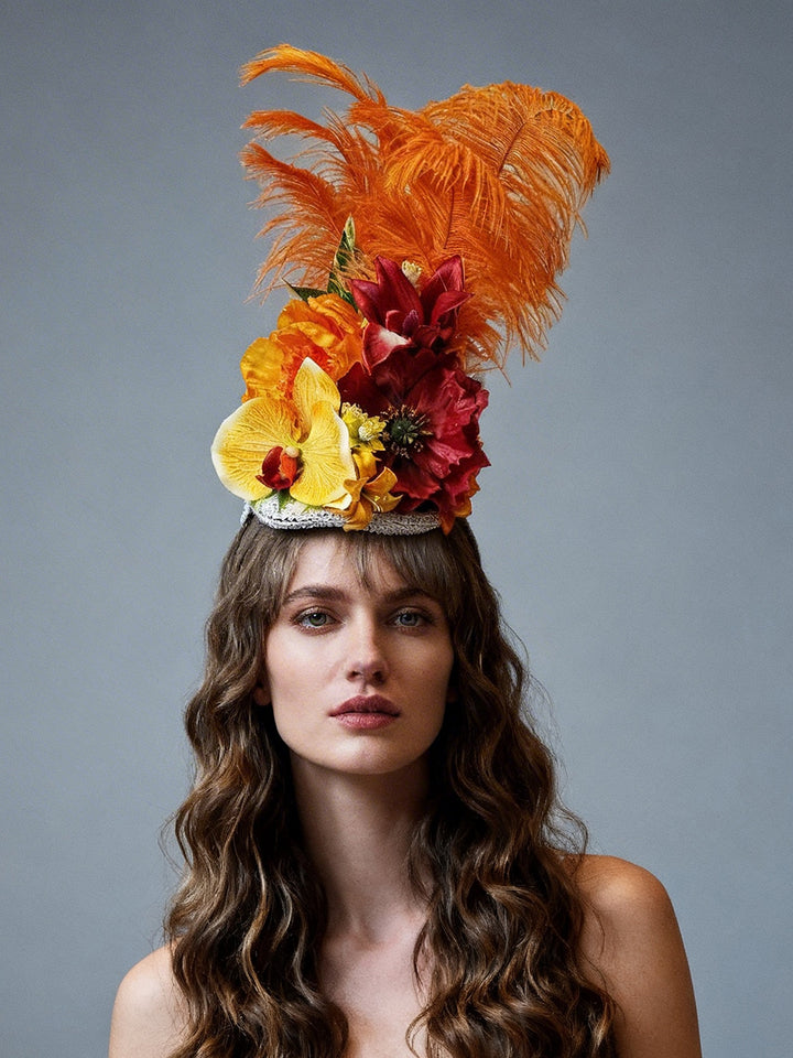 Hair Accessories Tropical Orange Feather Floral Fascinator for  Photo Shoots and Wedding Boho Hat Fascinator  YW 260317D