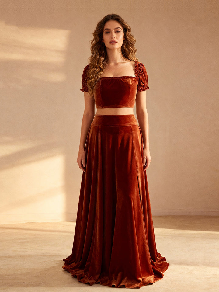 Boho Rust Velvet 2 Piece Set Dress for Photo Shoot Outfit Boho Baby Shower Dress YW231130