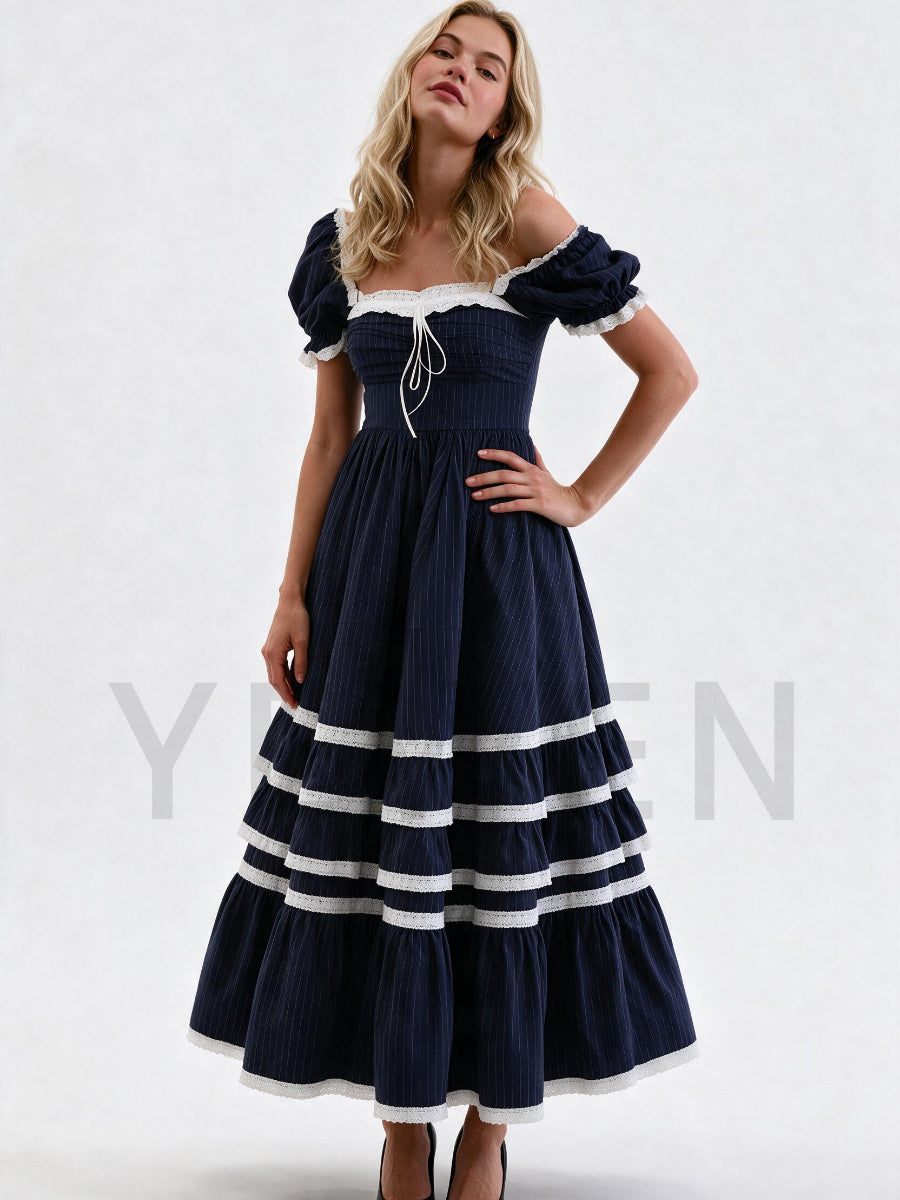 Navy Pinstripe Puff Sleeve White Lace Trim Princess Dress WT269001