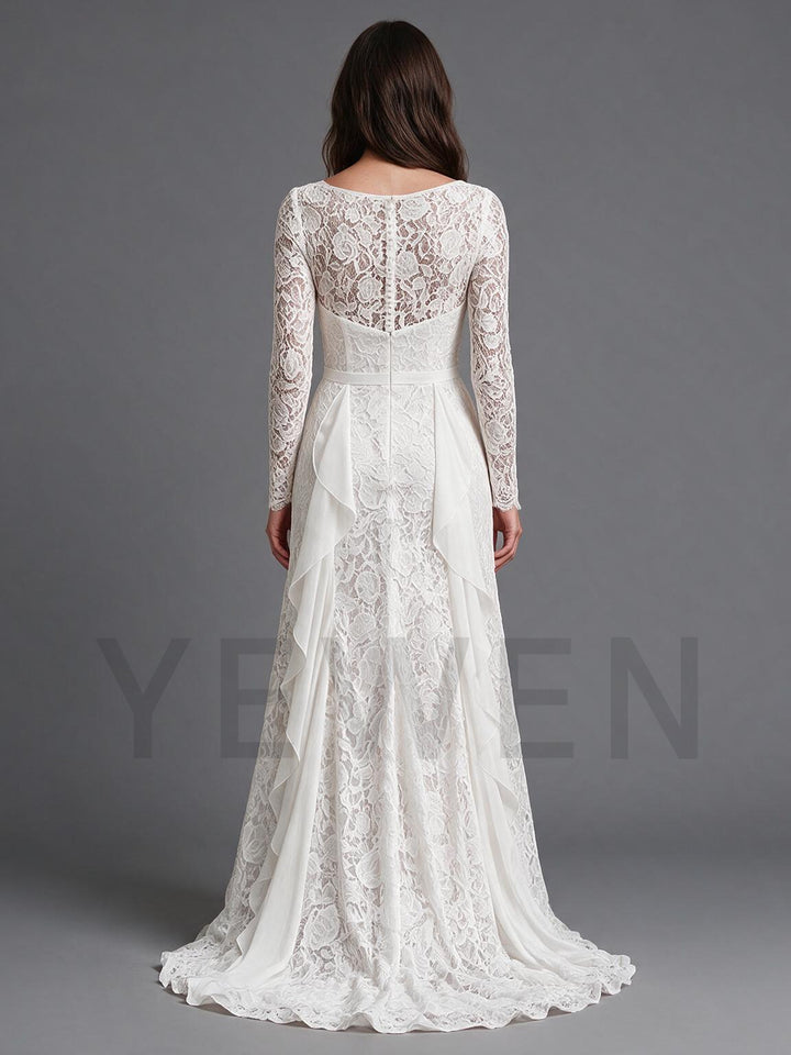 Ivory Fitted Lace Bodice Sheer Long Sleeve Boho Wedding Dress