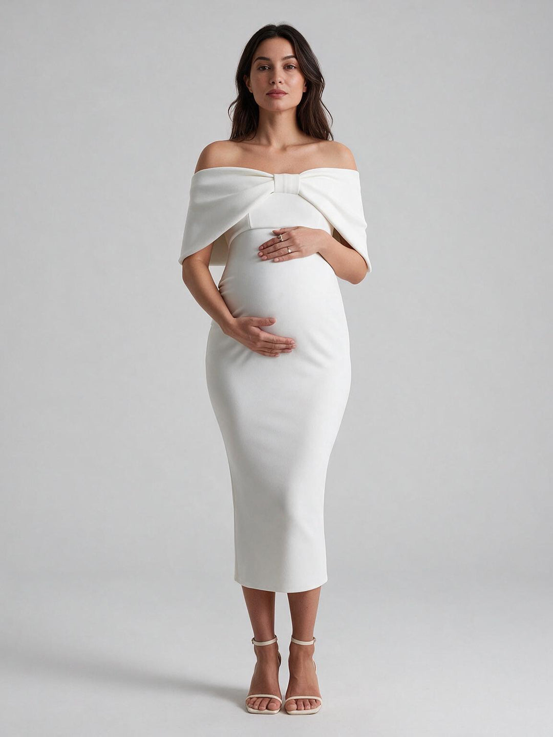 Ivory Off-Shoulder Fold-Over Stretch Maternity Dress for Baby Shower