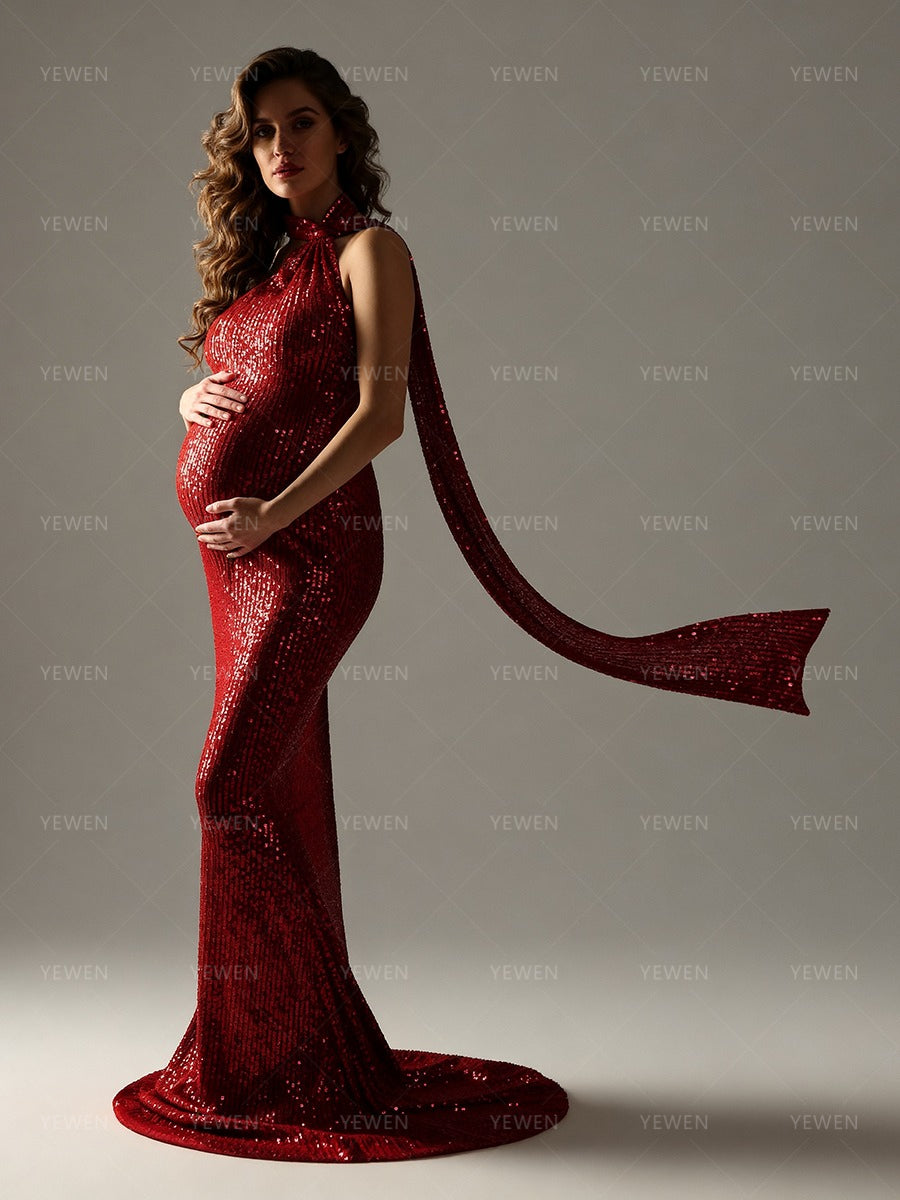 Red Sequin Maternity dress for Baby Shower for photo shoot Future Mom Maternity Long Dress for Baby Shower