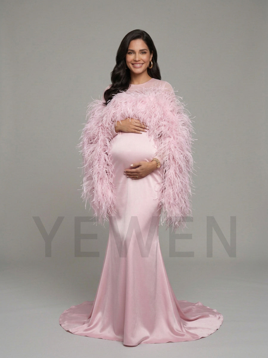 Dramatic Ostrich Feather Cape Maternity Baby Shower Dress YD260917