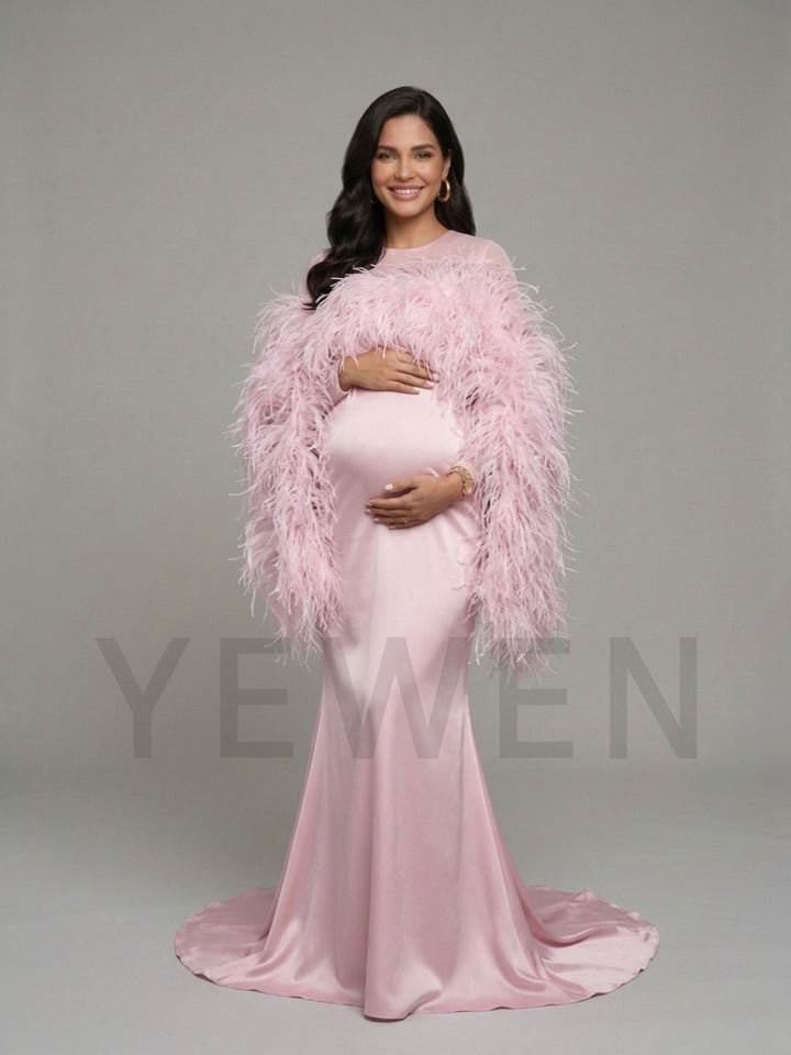 Dramatic Ostrich Feather Cape Maternity Baby Shower Dress YD260917