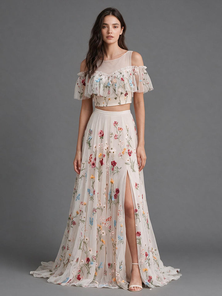 Ivory Two-Piece Off-Shoulder Ruffle Floral Boho Wedding Dress