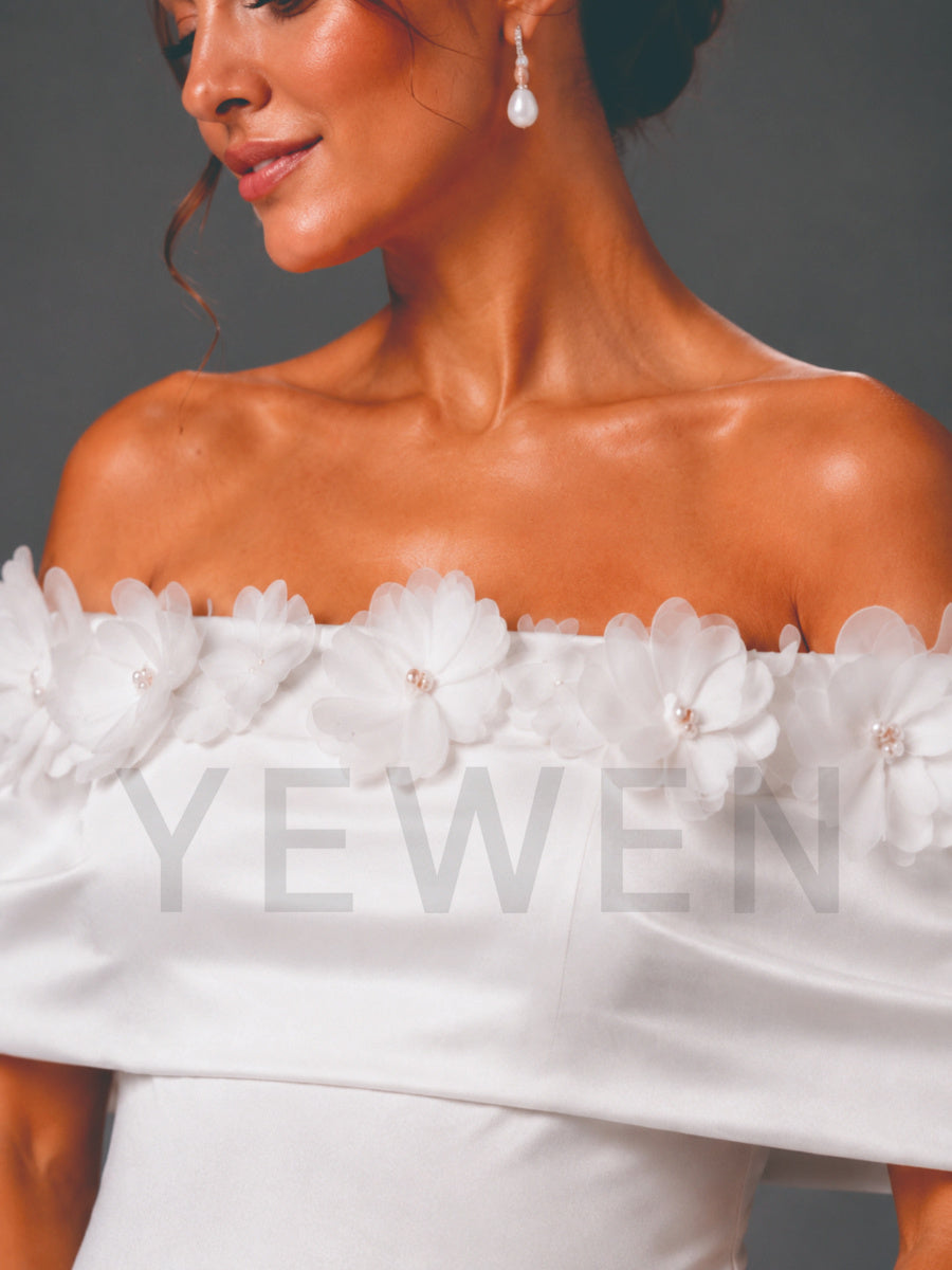 White Off-Shoulder 3D Floral Fitted Maternity Dress for Baby Shower L-26920