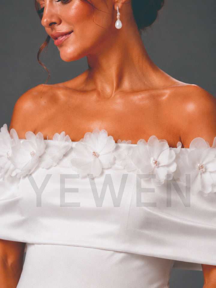 White Off-Shoulder 3D Floral Fitted Maternity Dress for Baby Shower L-26920