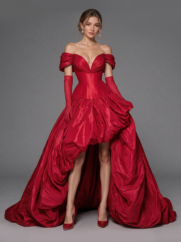 Off-Shoulder Corset High-Low Christmas Dress(without Gloves) YW2610084