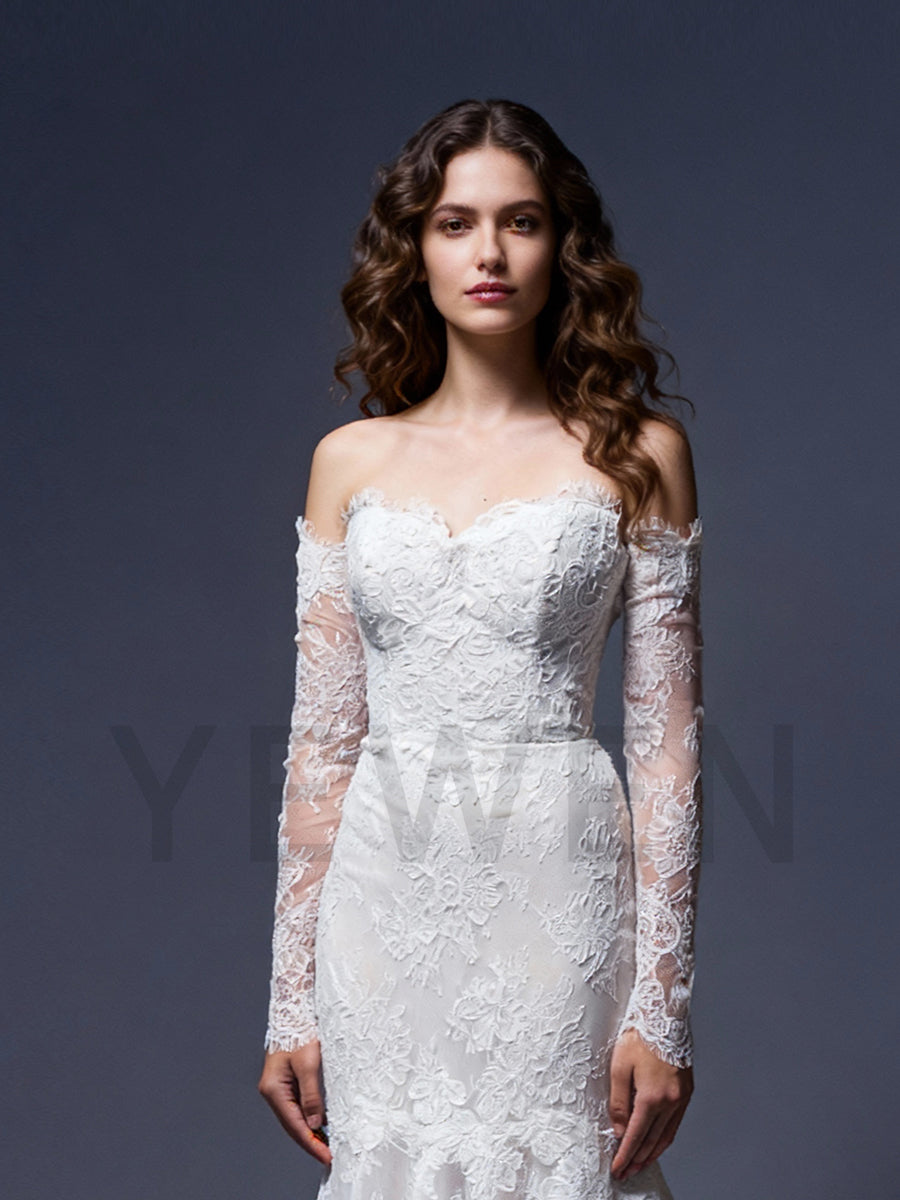 Romance Detachable Long Sleeves Mermaid Wedding Dress Lace Bridal Gown