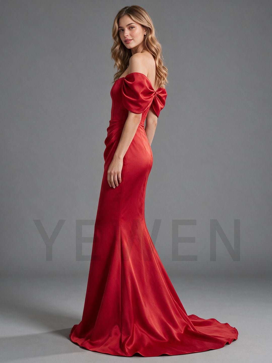 Red Off-Shoulder Puff Sleeve Mermaid Christmas Dress YW2609223