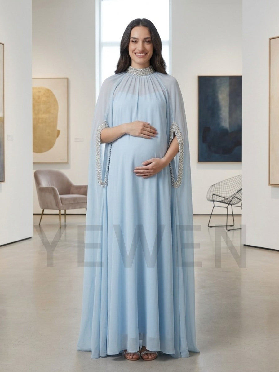 Mock Neck Rhinestone Cape Sleeve Maternity Baby Shower Dress YD261009