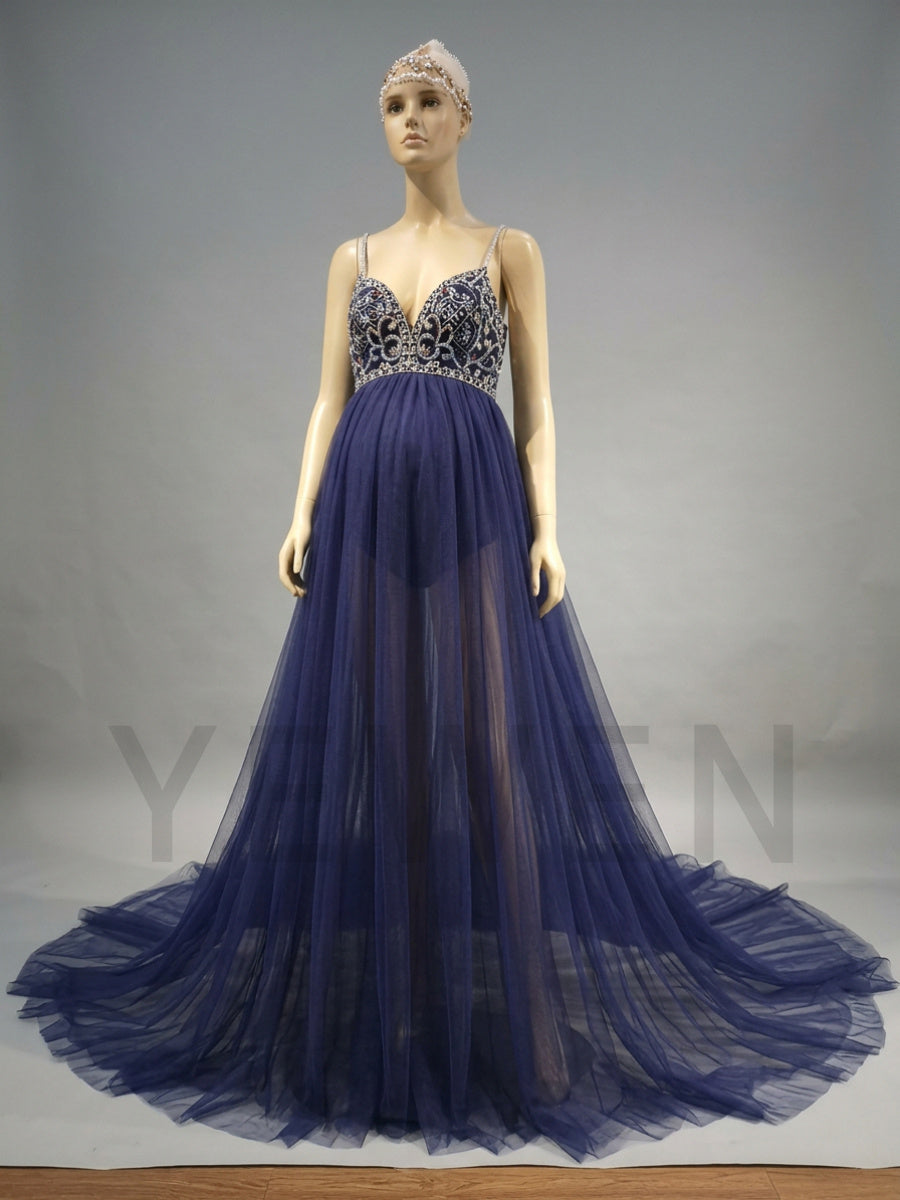 Spaghetti Strap Beaded Sequin Tulle Maternity Photoshoot Gown YD260918