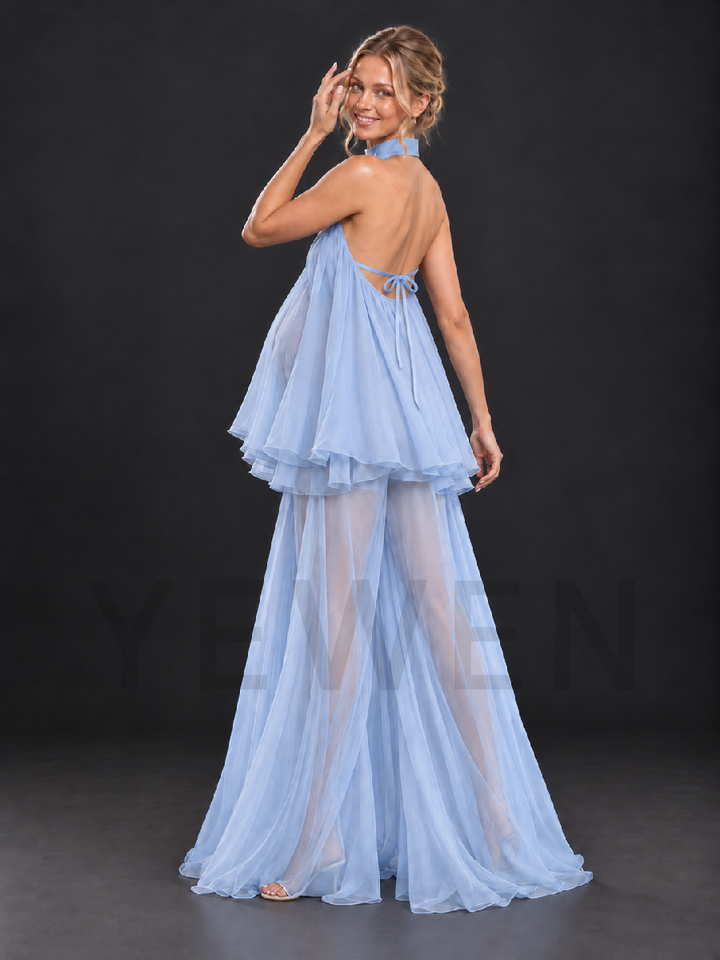 Blue Halter Sheer Tulle Wide-Leg Maternity Photoshoot Gown HA261002