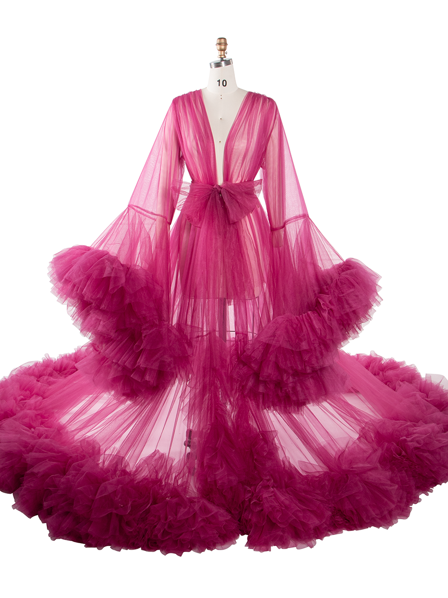 pink fluffy maternity dress Off the shoulder Tulle Robe Puffy Sleeve Maternity Dress for Baby Shower mauve / US16W