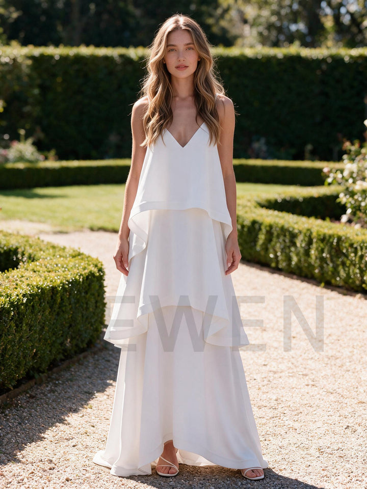 Ivory Boho Spaghetti Straps Ruffle Layers Wedding Dress